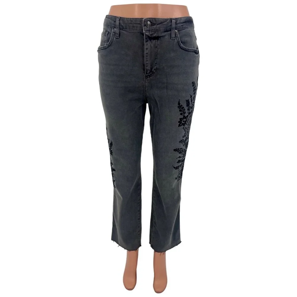 NWOT Free People Gray Embroidered High-Rise Straight Leg Girlfriend Jeans | Boho - Picture 3 of 15